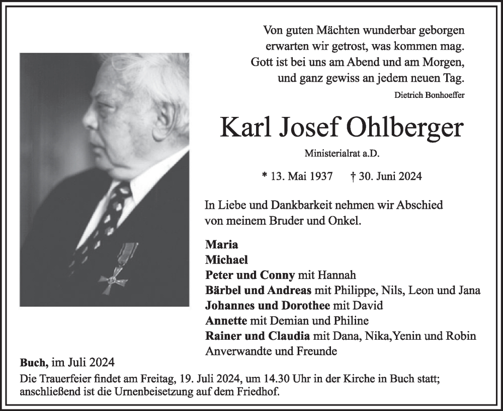  Traueranzeige für Karl Josef Ohlberger vom 13.07.2024 aus WochenSpiegel