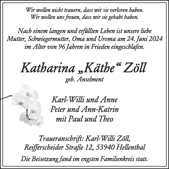 Traueranzeige von Katharina Zöll von WochenSpiegel