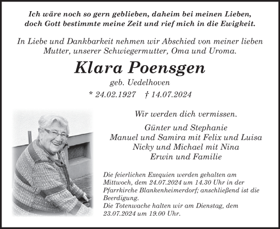 Traueranzeige von Klara Poensgen von WochenSpiegel