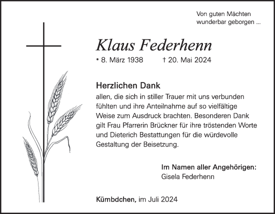 Traueranzeige von Klaus Federhenn von WochenSpiegel