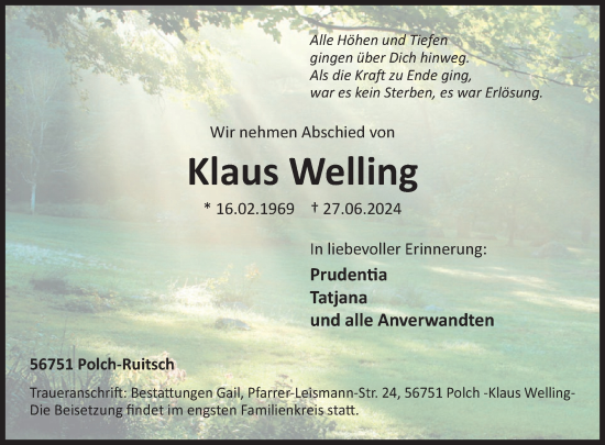 Traueranzeige von Klaus Welling von WochenSpiegel