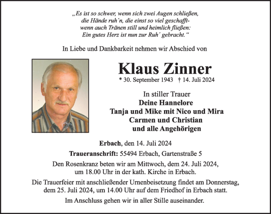 Traueranzeige von Klaus Zinner von WochenSpiegel