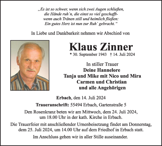 Traueranzeige von Klaus Zinner von WochenSpiegel