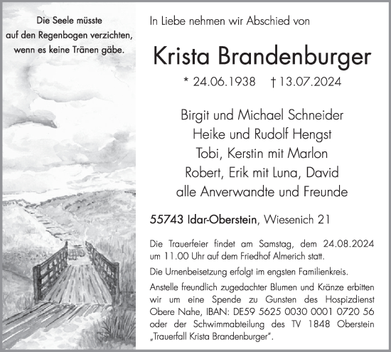 Traueranzeige von Krista Brandenburger von WochenSpiegel