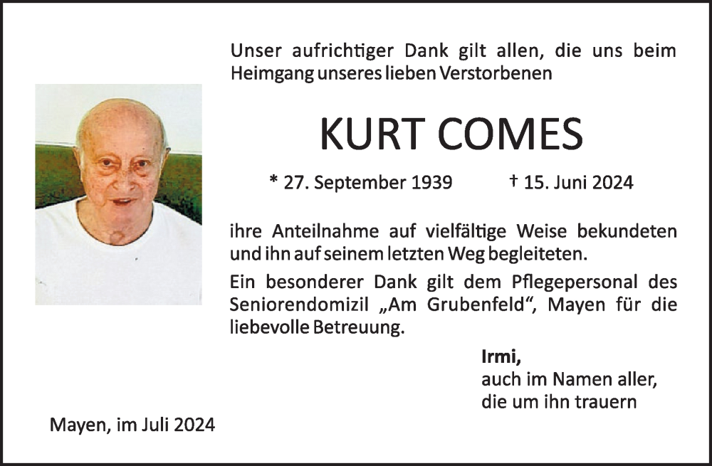  Traueranzeige für Kurt Comes vom 17.07.2024 aus WochenSpiegel
