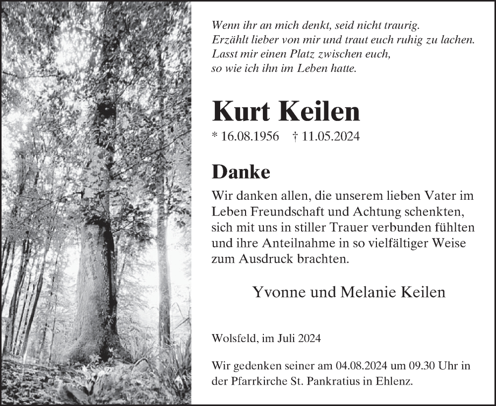  Traueranzeige für Kurt Keilen vom 26.07.2024 aus WochenSpiegel