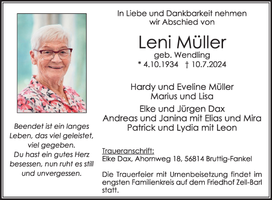 Traueranzeige von Leni Müller von WochenSpiegel