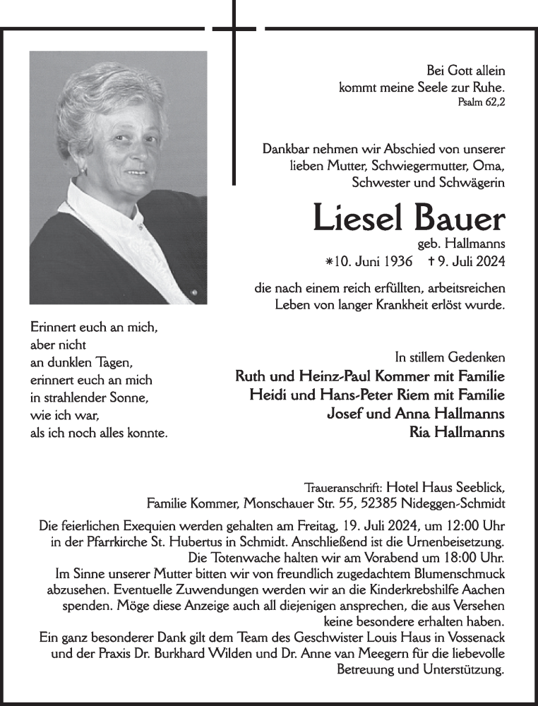  Traueranzeige für Liesel Bauer vom 17.07.2024 aus WochenSpiegel