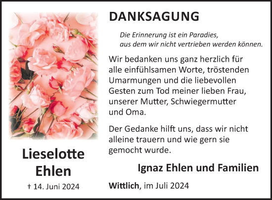 Traueranzeige von Lieselotte Ehlen von WochenSpiegel