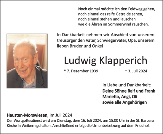 Traueranzeige von Ludwig Klapperich von WochenSpiegel
