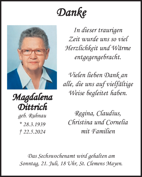Traueranzeige von Magdalena Dittrich von WochenSpiegel