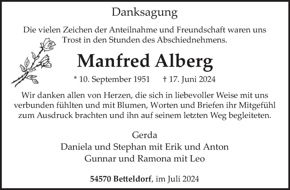  Traueranzeige für Manfred Alberg vom 27.07.2024 aus WochenSpiegel