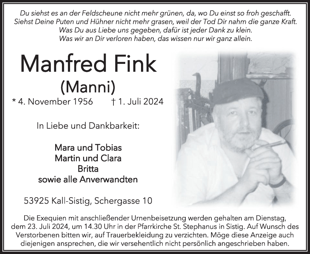  Traueranzeige für Manfred Fink vom 10.07.2024 aus WochenSpiegel