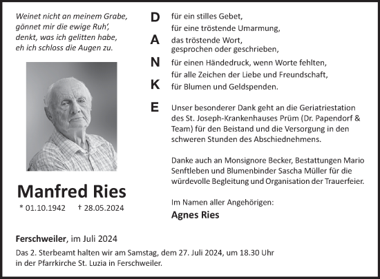 Traueranzeige von Manfred Ries von WochenSpiegel