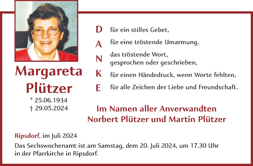  Traueranzeige für Margareta Plützer vom 10.07.2024 aus WochenSpiegel
