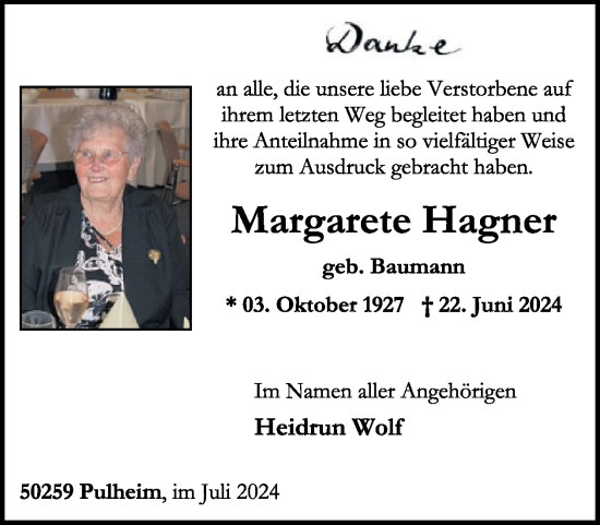 Traueranzeige von Margarete Hagner von WochenSpiegel