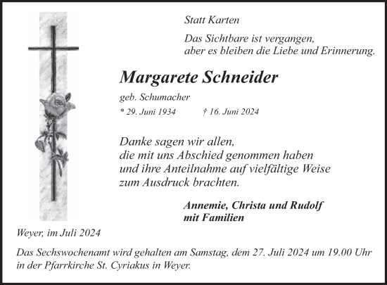 Traueranzeige von Margarete Schneider von WochenSpiegel