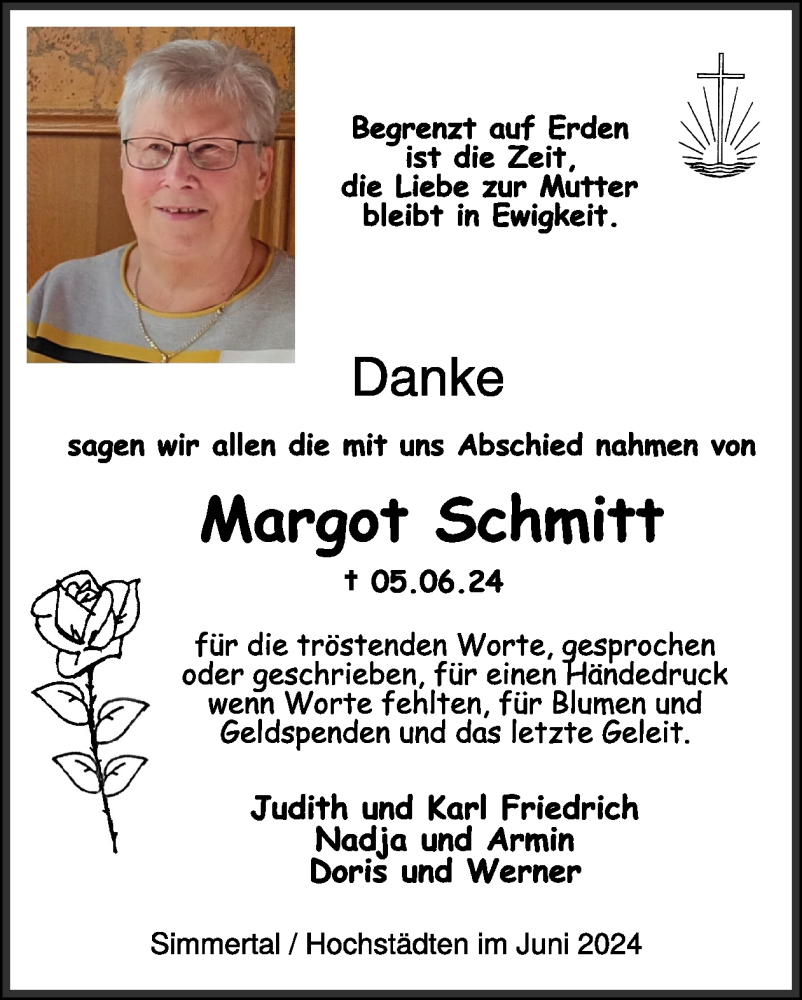  Traueranzeige für Margot Schmitt vom 13.07.2024 aus WochenSpiegel