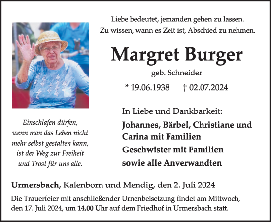 Traueranzeige von Margret Burger von WochenSpiegel