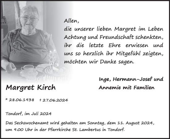 Traueranzeige von Margret Kirch von WochenSpiegel