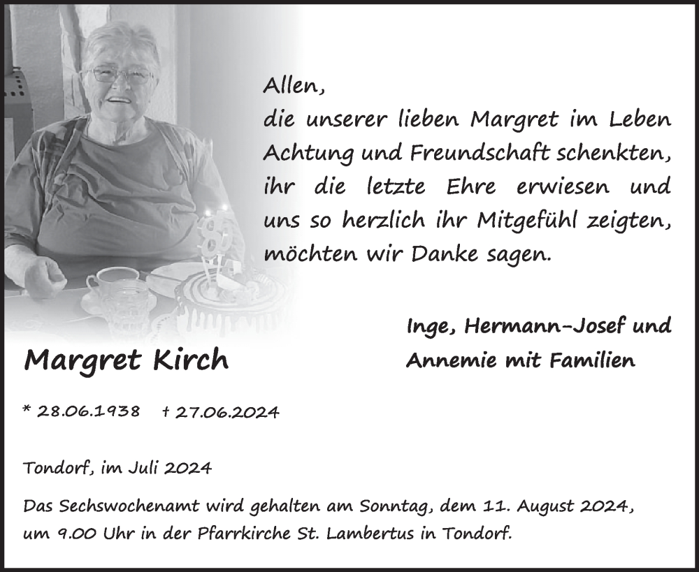  Traueranzeige für Margret Kirch vom 31.07.2024 aus WochenSpiegel
