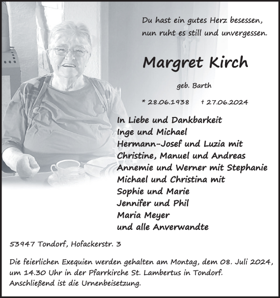 Traueranzeige von Margret Kirch von WochenSpiegel