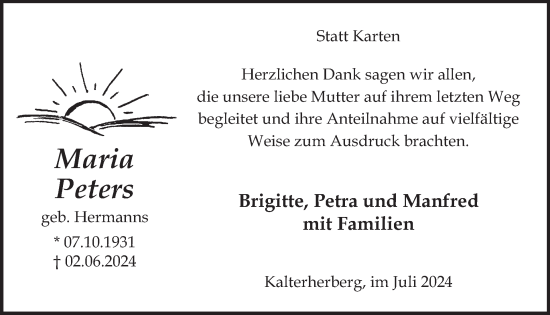 Traueranzeige von Maria Peters von WochenSpiegel