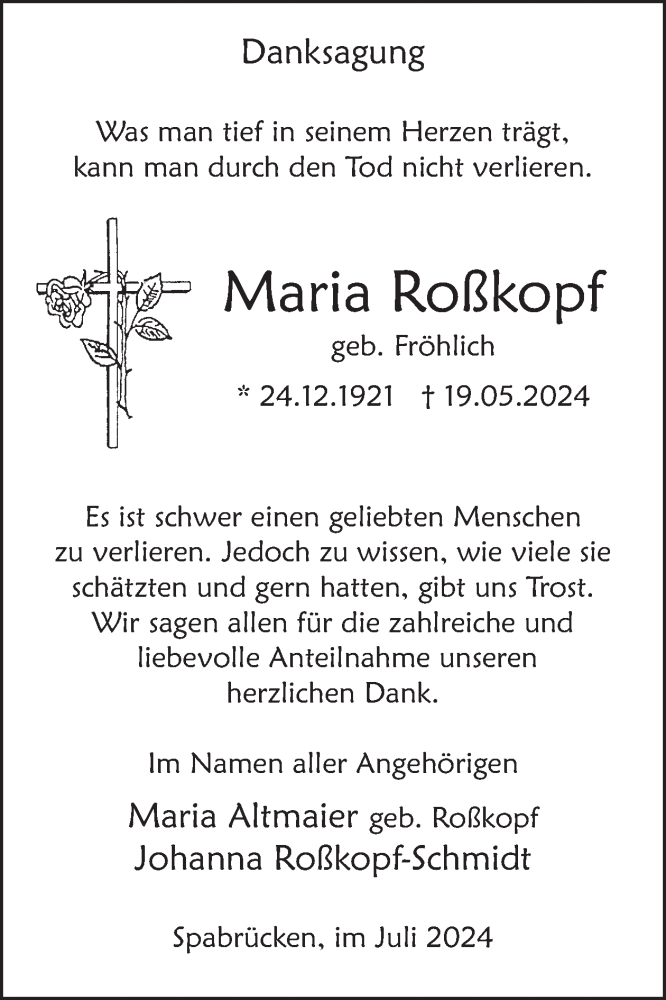  Traueranzeige für Maria Roßkopf vom 27.07.2024 aus WochenSpiegel