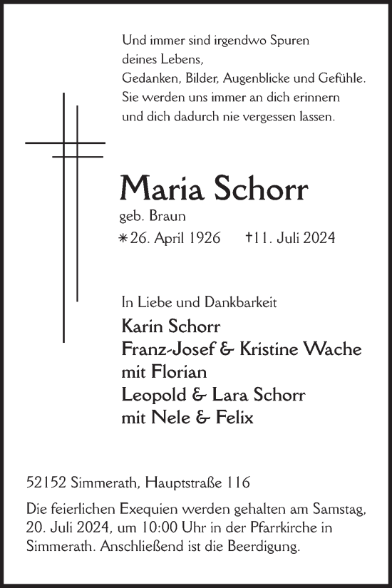 Traueranzeige von Maria Schorr von WochenSpiegel
