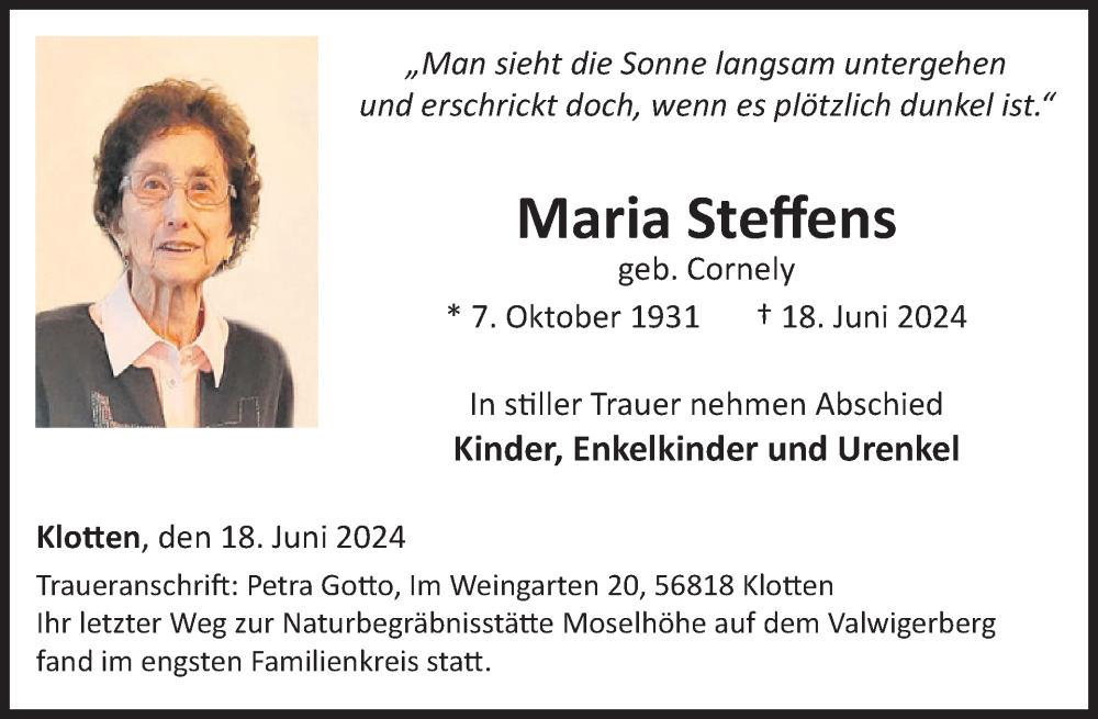  Traueranzeige für Maria Steffens vom 10.07.2024 aus WochenSpiegel
