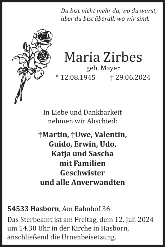 Traueranzeige von Maria Zirbes von WochenSpiegel