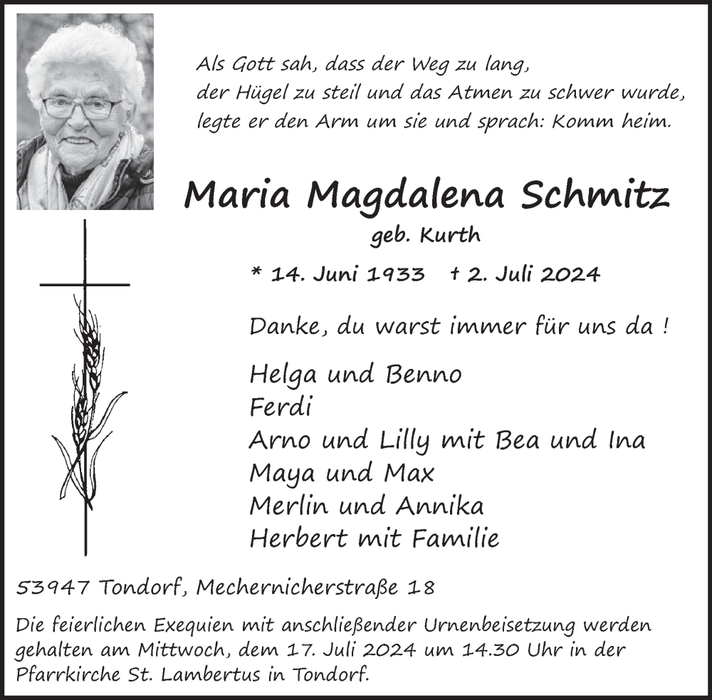  Traueranzeige für Maria Magdalena Schmitz vom 10.07.2024 aus WochenSpiegel
