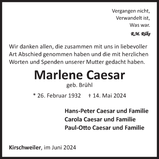 Traueranzeige von Marlene Caesar von WochenSpiegel