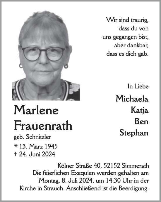 Traueranzeige von Marlene Frauenrath von WochenSpiegel
