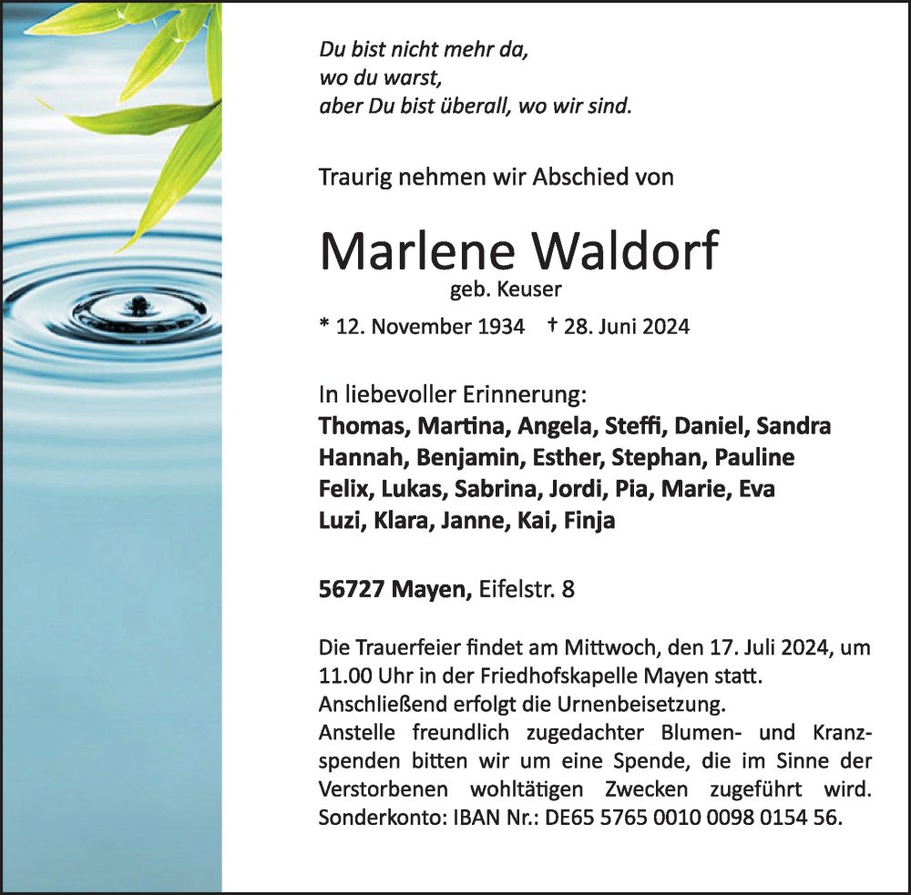  Traueranzeige für Marlene Waldorf vom 10.07.2024 aus WochenSpiegel