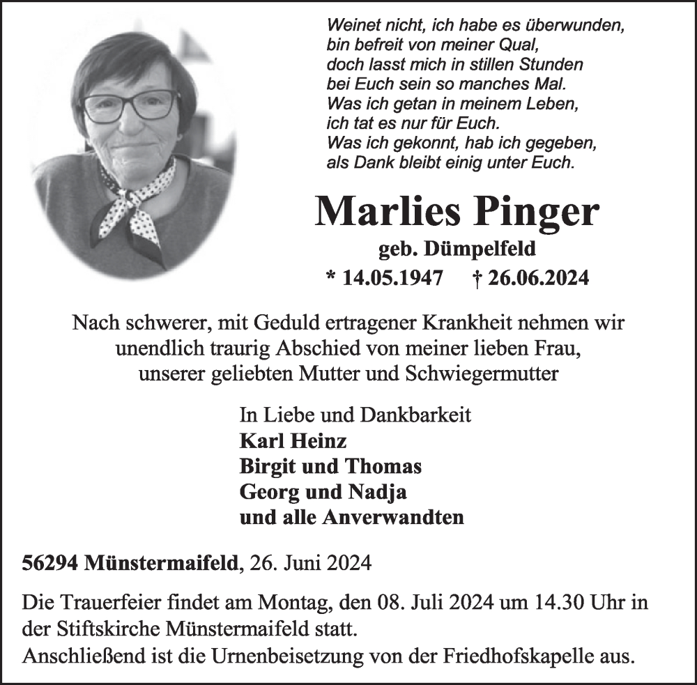  Traueranzeige für Marlies Pinger vom 03.07.2024 aus WochenSpiegel