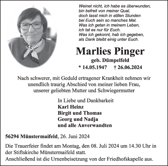Traueranzeige von Marlies Pinger von WochenSpiegel