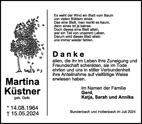 Traueranzeige von Martina Küster von WochenSpiegel