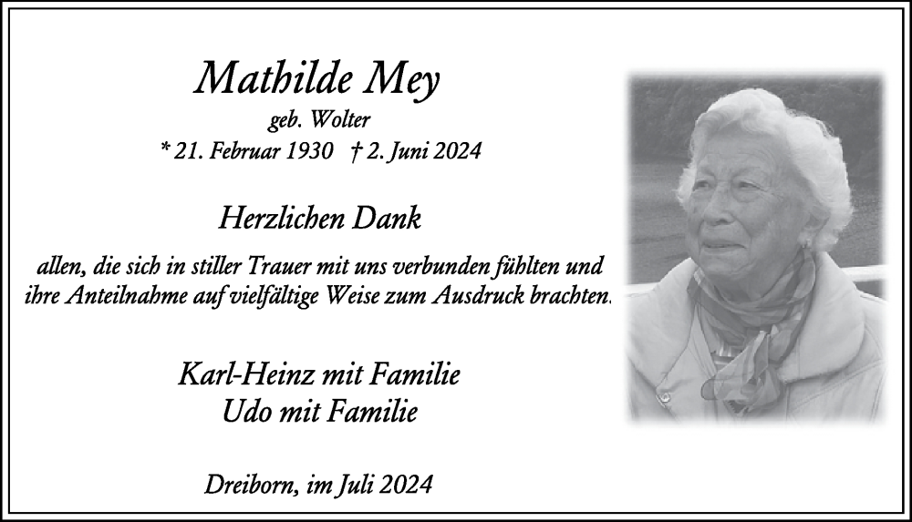  Traueranzeige für Mathilde Mey vom 03.07.2024 aus WochenSpiegel