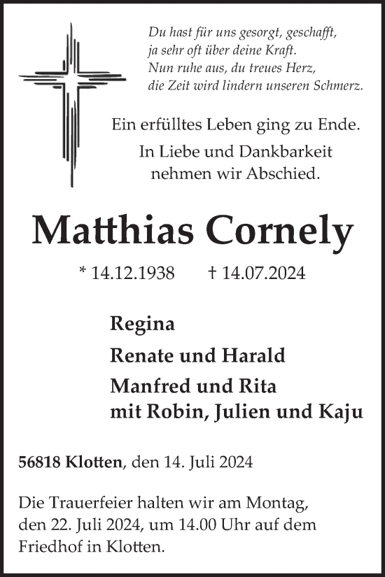 Traueranzeige von Matthias Cornely von WochenSpiegel