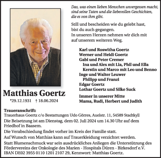 Traueranzeige von Matthias Goertz von WochenSpiegel