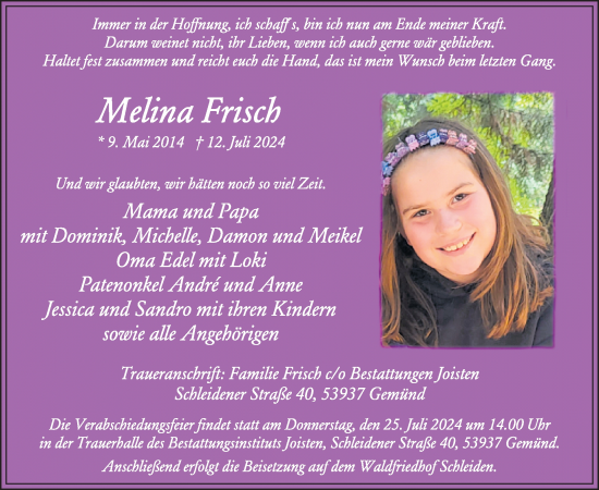 Traueranzeige von Melina Frisch von WochenSpiegel