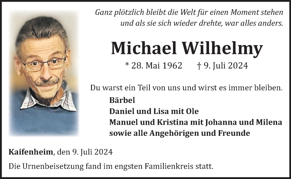  Traueranzeige für Michael Wilhelmy vom 24.07.2024 aus WochenSpiegel
