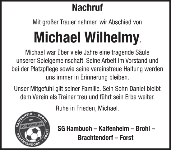 Traueranzeige von Michael Wilhelmy von WochenSpiegel