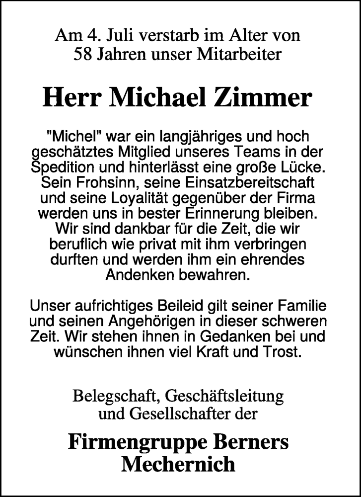  Traueranzeige für Michael Zimmer vom 10.07.2024 aus WochenSpiegel