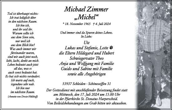 Traueranzeige von Michael Zimmer von WochenSpiegel