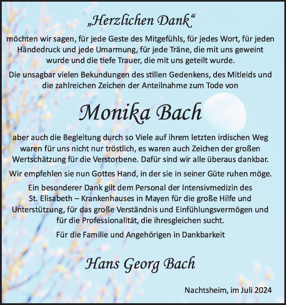 Traueranzeige für Monika Bach vom 24.07.2024 aus WochenSpiegel