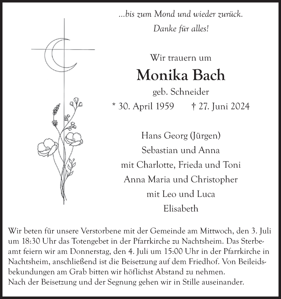 Traueranzeige für Monika Bach vom 03.07.2024 aus WochenSpiegel