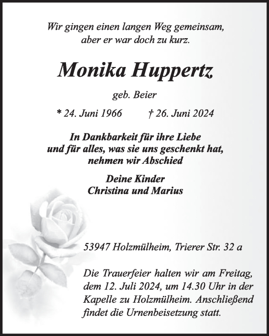 Traueranzeige von Monika Huppertz von WochenSpiegel