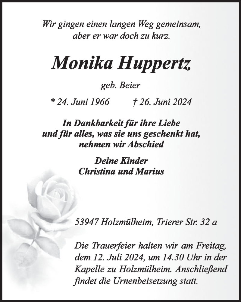  Traueranzeige für Monika Huppertz vom 03.07.2024 aus WochenSpiegel